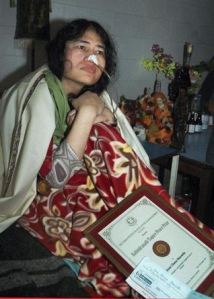 Hunger striker Irom Sharmila Chanu receives a humanitarian award from the Jawaharlal Nehru Hospital in Imphal, Manipur State, India, September 2010.