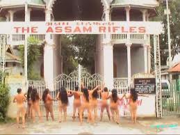 Womenfolk in naked protesting against the brutal killing of Manorama at the gate of 17 Assam Rifles (Kangla Gate) in the capital town - Manorama was killed by the personnel of 17 AR personnel - 15 July 2004